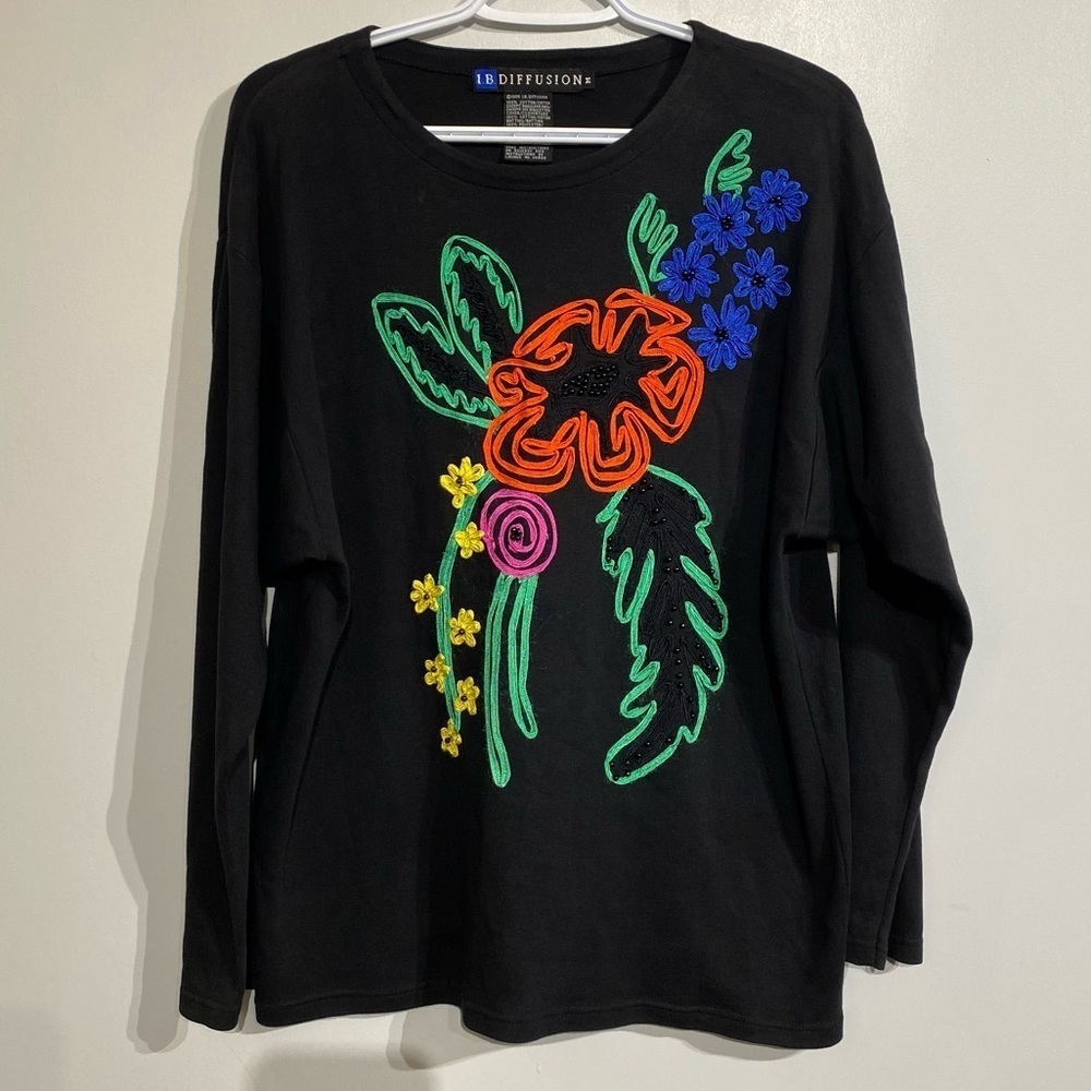 Vintage I.B Diffusion Black Floral Embroidered Top artsy eclectic 1989